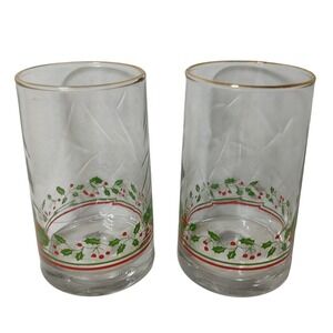 Vintage Arbys Christmas Glasses‎ Tumble Collection Holly Ribbon 1983 Set of Two